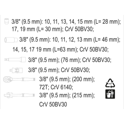 ZESTAW NARZĘDZIOWY 3/8'''' 19 CZĘŚCI
