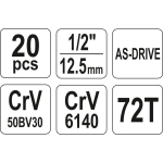 ZESTAW KLUCZY NASADOWYCH 1/2'' 20-CZĘŚCIOWY