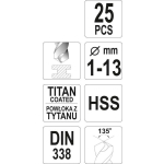 ZESTAW WIERTEŁ DO METALU HSS-TIN 25SZT 1-13MM