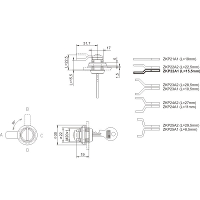 ZAMEK KASETOWY CHROMOWANY ZKP-22 A1