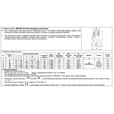 HAK SKRACAJĄCY SWORZNIOWY G10 16MM WLL 10T