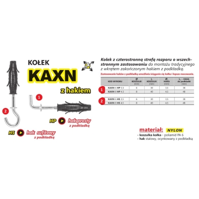 KOŁEK ROZPOROWY WSZECHSTRONNY KAXN 8 HAK PROSTY 4.5/P