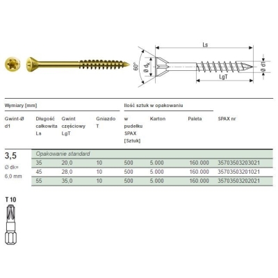 WKRĘT DO PODŁÓG/DESEK OCYNK ŻÓŁTY TX 3.5*35MM SPAX