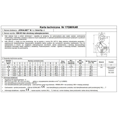 HAK Z ZABEZPIECZENIEM OBROTOWY 750KG GM-HO