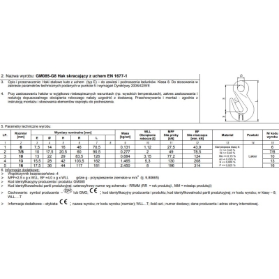 HAK SKRACAJĄCY Z UCHEM 13MM WLL5.3T G8 EN1677-1