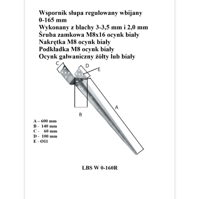 PODSTAWA SŁUPA WBIJANA REGULOWANA 0-165*700 MM