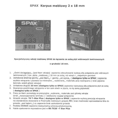 WKRĘT MEBLOWY DO ŁĄCZENIA PŁYT 4.0*33MM SPAX