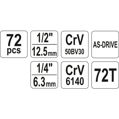ZESTAW NARZĘDZIOWY 1/2'' 1/4' 72 CZĘŚCI M