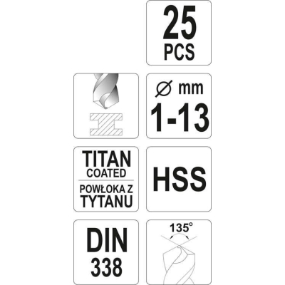 ZESTAW WIERTEŁ DO METALU HSS-TIN 25SZT 1-13MM