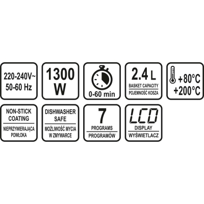 FRYTKOWNICA BEZTŁUSZCZOWA 1300W, 2.4L. PANEL LED