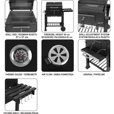 GRILL WĘGLOWY DELUXE, RUSZT 57*37CM