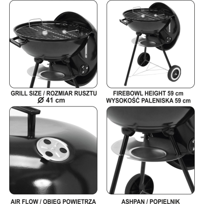 GRILL WĘGLOWY OKRĄGŁY Z POKRYWĄ 41CM