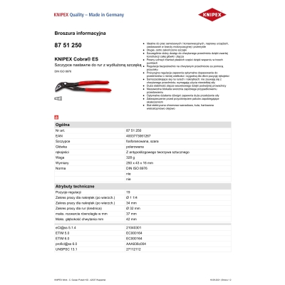 SZCZYPCE DO RUR COBRA  Z WYDŁUŻONĄ SZCĘKĄ 250MM