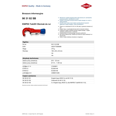 OBCINAK DO RUR 6–35 (1/4–3/8'') O GRUBOŚCI ŚCIANEK DO 2MM