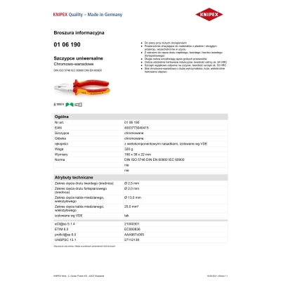SZCZYPCE UNIWERSALNE VDE 1000V 190MM