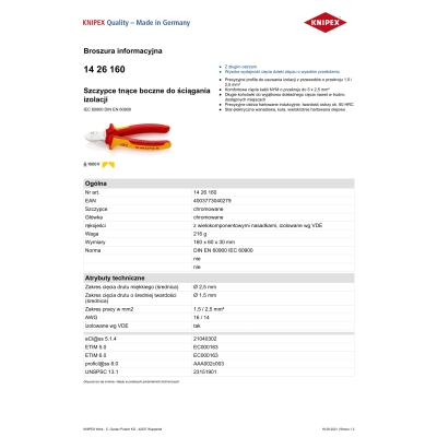 SZCZYPCE TNĄCE BOCZNE DO ŚCIĄGANIA IZOLACJI 160MM