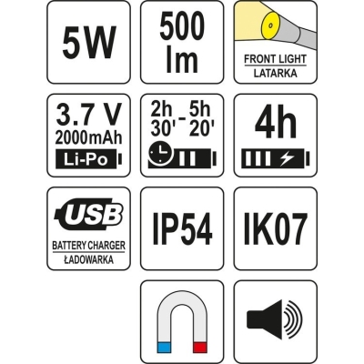 LATARKA ROBOCZA 500LM, LI-PO 3,7V 2000MAH, 3W1