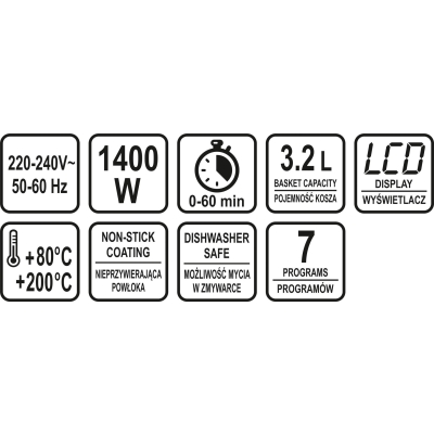 FRYTKOWNICA BEZTŁUSZCZOWA 1400W, 3.2L. PANEL LED