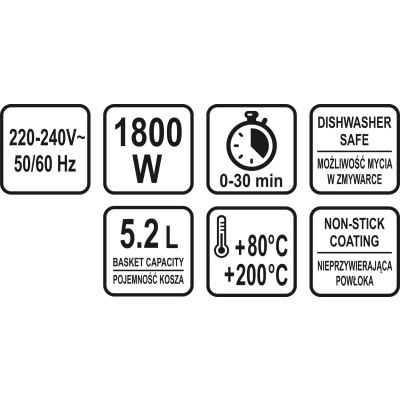 FRYTKOWNICA BEZTŁUSZCZOWA 1800W, 5.2L.