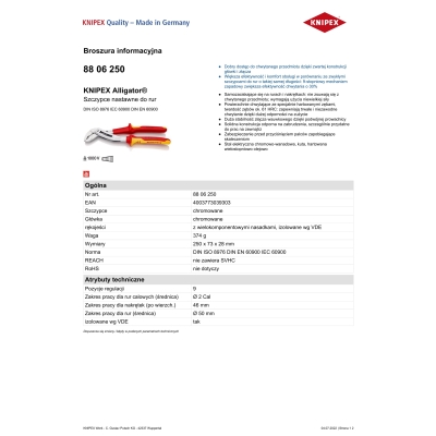 SZCZYPCE DO RUR NASTAWNE ALIGATOR  IZOLOWANE 250MM