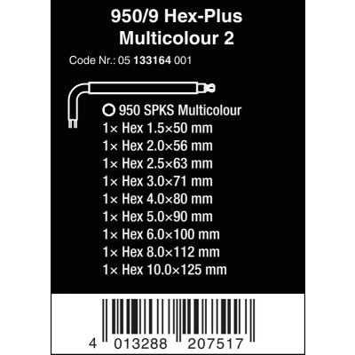 ZESTAW KLUCZY TRZPIENIOWYCH 950/9 HEX-PLUS MULTICOLOUR