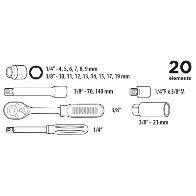 ZESTAW KLUCZY NASADOWYCH 1/4'', 3/8'' 20 EL.