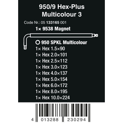 ZESTAW KLUCZY TRZPIENIOWYCH 950/9 HEX-PLUS MULTICOLOU 3 9CZR